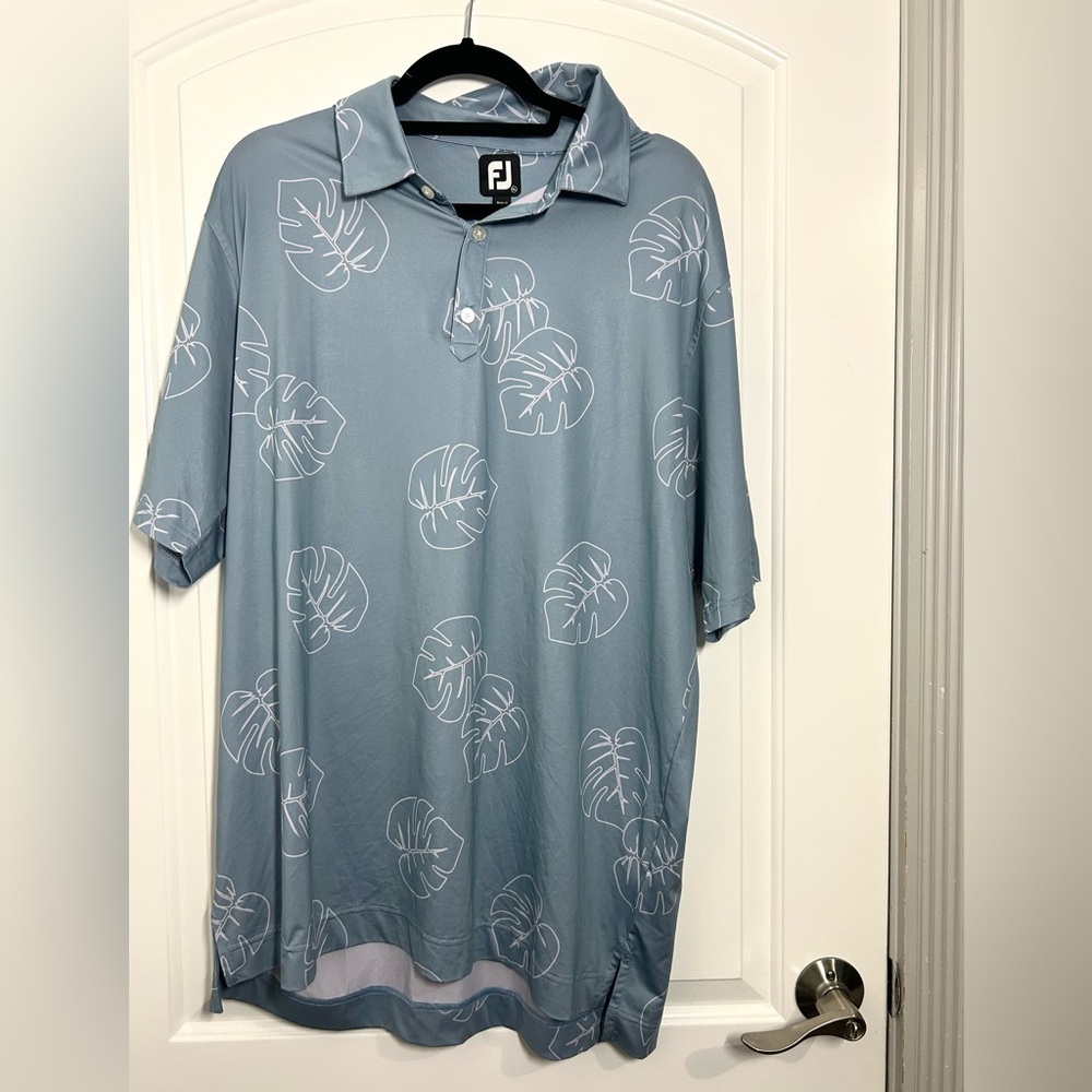 FootJoy FJ Polo Golf Shirt Mens Blue Leaf Print Performance Tropical size XL